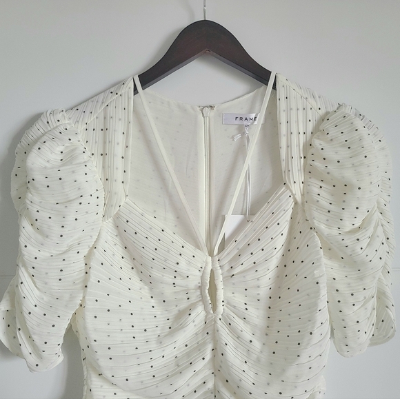 FRAME Ruched Tie-Neck Polka-Dot Midi Dress, White | Black, Medium, NWT - Picture 7 of 16